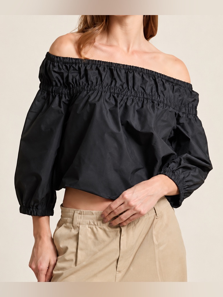Banana Republic Poplin Off The Shoulder Black Smocked Blouse Size Large Nwt